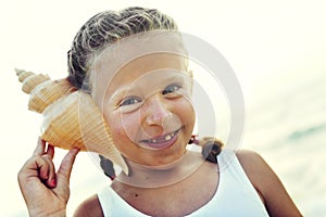 Girl Adolescence Child Listening Fun Cute Beach Concept