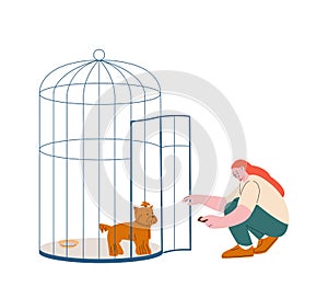 Girl adopting tiny homeless dog. Woman open cage with cute puppy. Pets support, adopt me vector concept. Flat female