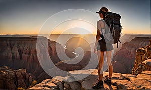 Girl in adventure attire stands at cliff edge, overlooking vast canyon