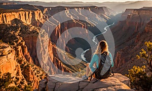 Girl in adventure attire stands at cliff edge, overlooking vast canyon