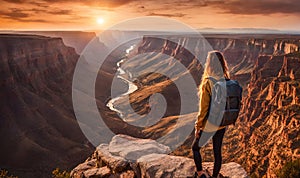 Girl in adventure attire stands at cliff edge, overlooking vast canyon