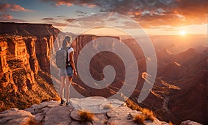 Girl in adventure attire stands at cliff edge, overlooking vast canyon