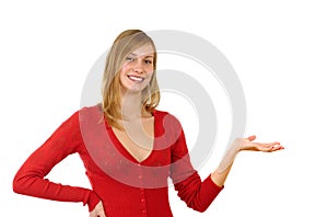 Girl with advertise gesture photo