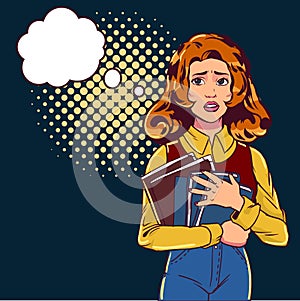 The girl is afraid pop art. Beautiful student on a dark street and keeps books. Vector illustration in comic style.