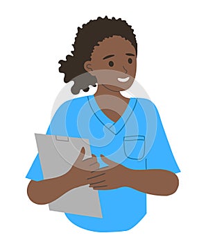 The girl is an African-American doctor smiling in a medical uniform with a folder. The nurse communicates with patients
