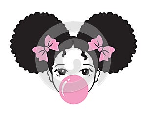 Girl with Afro Puff Hair Blowing Bubble Gum