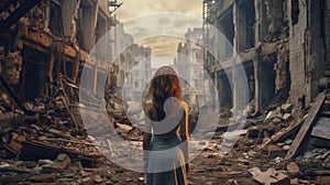 A girl against the backdrop of a ruined city, a