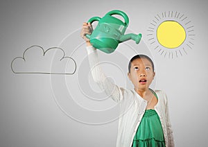 Girl against grey background with Green watering jug and sun and cloud