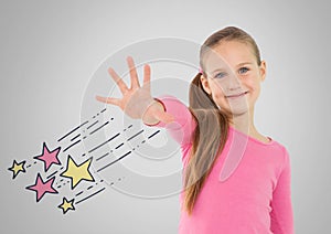 Girl against grey background with hand reached out and magic star illustrations