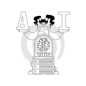 Girl and AI server depicted in linear style, centered around AI theme