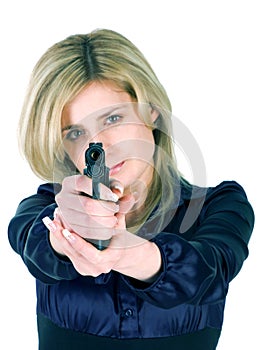 Girl aiming a gun photo