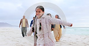 Girl, airplane game and family at beach for care, love or together for walk, smile or bonding on holiday. Excited child