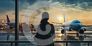 A girl at the airport window in the sunset looks at boarding for other flights. Generated by AI