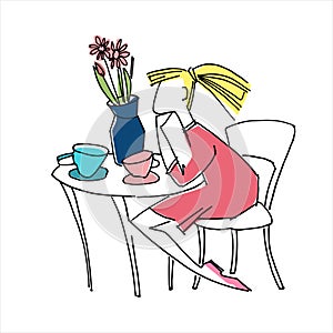 Girl alone at the cafe table for two. Hand drawn vector illustration on white background