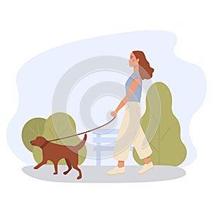 A girl alone walking dog outdoor in green park. Banner for dog walker company. Pet sitting. Labrador retriever outside