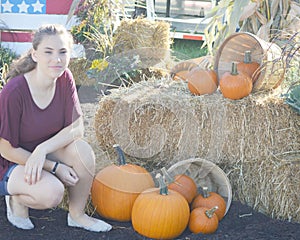 Girl, American Flag Pallet, Pumpkins