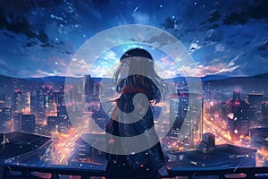 A Girl In Anime Style Gazes At A Cityscape In The Night, Blending Cuteness And Melancholy