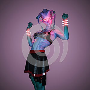 Girl from another planet in the studio doing cyber pin up power pose