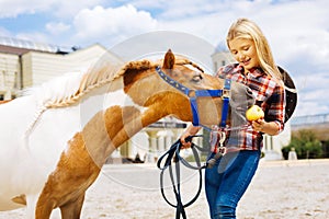 Caring cowboy girl giving little apple her cute brown pony