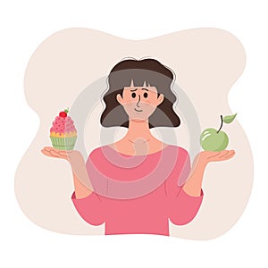 Girl with an apple in one hand and a cake in another, thinking what is better