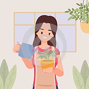Girl with apron is watering houseplants, Caring for indoor plants, Hobby and lifestyle, Vector illustration in flat style