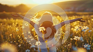 Girl with Arms Open in Sunset Wildflower Meadow