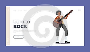 Girl Artist Guitar Player Landing Page Template. African Female Character Playing Acoustic Guitar Perform Rock Music