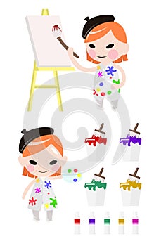 Girl artist painting on canvas with art supplies cartoon character design.