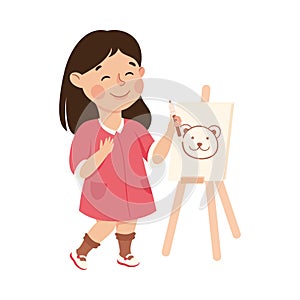 Girl Artist Painting on Canvas, Cute Kid Practicing Skills to Find Dream at Art School Cartoon Vector Illustration