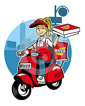 Girl as a pizza delivery service ride a scooter