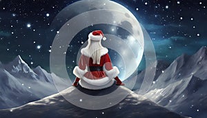 girl as santa claus sitting on top of mountain and watching full moon