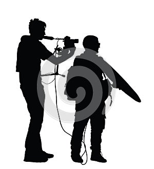 Girl ask public opinion, journalist news TV reporter interview people vector silhouette illustration isolated.