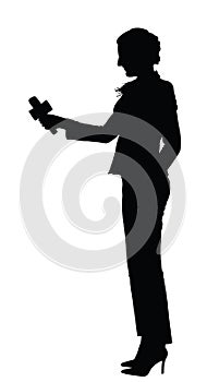 Girl ask public opinion, journalist news TV reporter interview people vector silhouette illustration isolated.