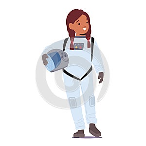 Girl Astronaut, Clad In A Spacesuit, Cradles Her Helmet With Wide-eyed Wonder, Embodying Dreams Of Cosmic Exploration