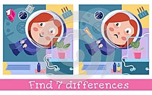 Girl astronaut near plant on space station. Find 5 differences. Game for children. Characters in cartoon style. Vector