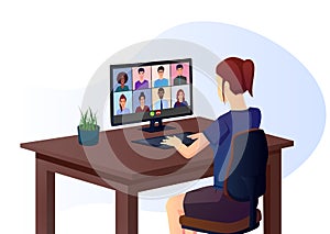 Girl attending online metting through group call Premium Vector