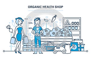 Girl attends organic health store, cashier puts goods on showcase.