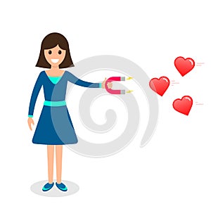 Girl attracting heart likes with magnet flat vector illustration  Social media marketing concept