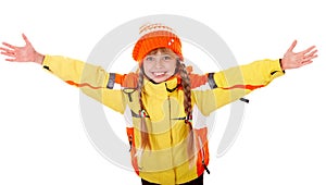 Girl in autumn orange hat with outstretched arm.