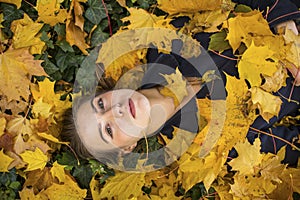 Girl in autumn park. Portrait on fallen leaves.