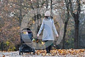 Girl in the autumn park walks with a stroller