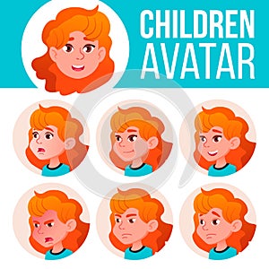 Girl Avatar Set Kid Vector. Primary School. Red Head. Face Emotions. School Student. Kiddy, Birth. Advertisement