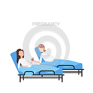 Girl with baby bump giving apple to pregnant woman lying in hospital bed pregnancy concept flat full length white