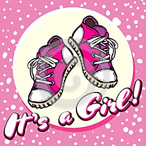 Girl baby shower congratulations vector postcard. Baby announcement in pink. It`s a girl with children shoes in circle.