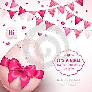 Girl baby shower with pink bow and cracked egg