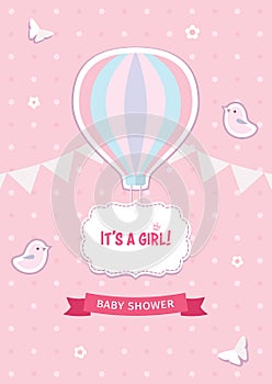 Girl baby shower template with hot air balloon, birds, butterflies, flowers, ribbon, garland, and decorative frame.