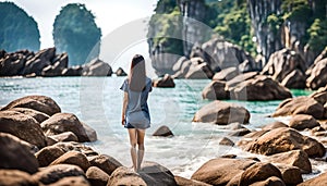 Girl back looking at the high rocks at the sea