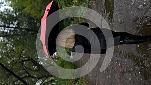 Girl from the back walking through a fall park with a red umbrella. A girl walks through the park