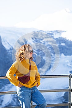 Girl on the background of the glacier Pasterze