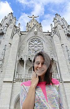 Girl on the background of statue of Christ. Tibidabo